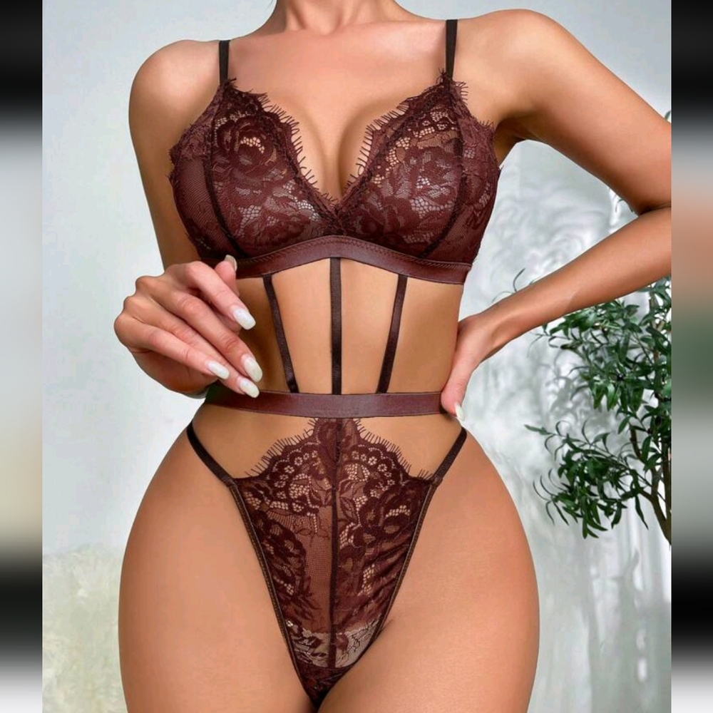 Chocolate Brown Strappy Lace Teddy Lingerie (M)